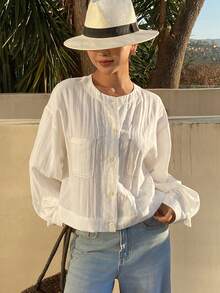 DAZY 女士宽松圆领长袖口袋休闲度假衬衫，撞色缝线，春秋季 - 白色 - 查看 6