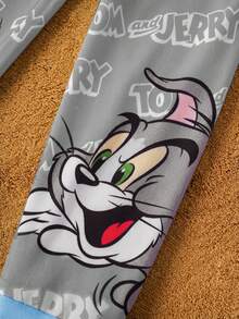 TOM & JERRY X SHEIN 2件套男童卡通图案撞色圆领长袖上衣和裤子休闲紧身睡衣 - 灰色 - 查看 6