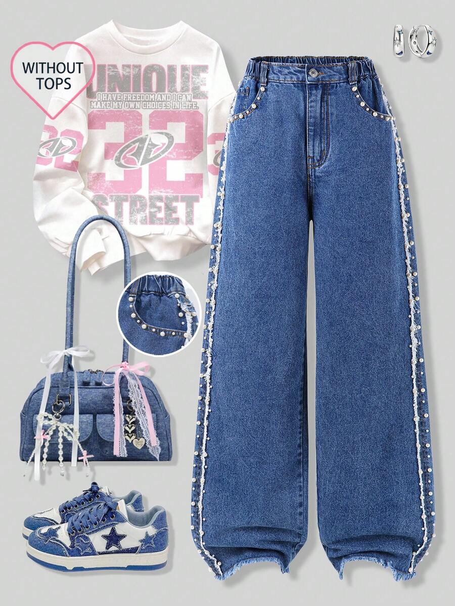 Teen Girls' Fashion Casual Faux Pearl Embellished Slant Pocket Wide Leg Jeans Teen Girl Y2K Style Casual Cute Jeans  Heavy Washed Elastic Waist Teenage (Women) Jeans, Suitable For Daily Wear Denim Baggy Street Vintage Retro Washed Loose Jeans Baggy Jeans Y2k Teen Outfits Kpop