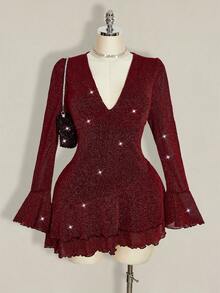 SHEIN ICON 大码性感纯色深V领喇叭袖荷叶边下摆迷你连衣裙酒红色女装 - 酒紅色 - 查看 1