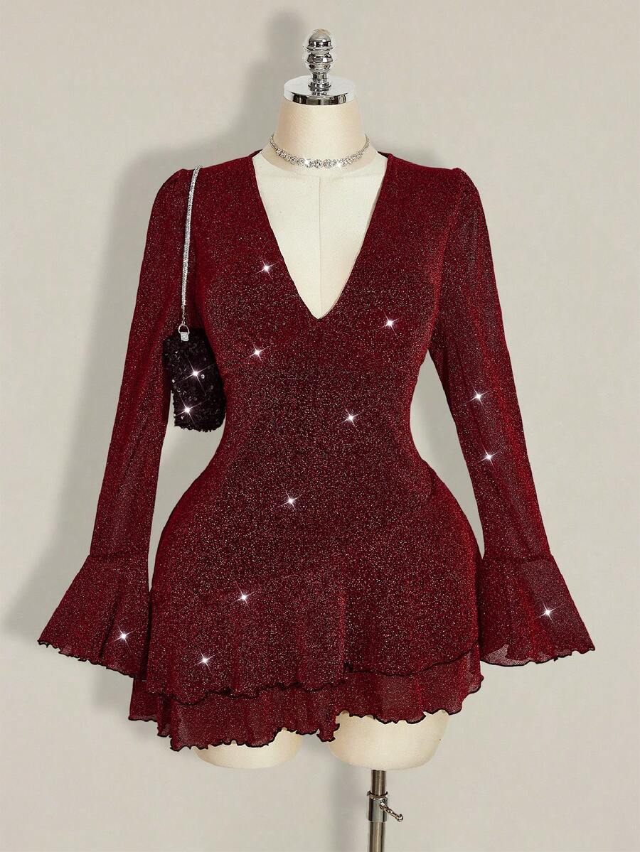 SHEIN ICON 大码性感纯色深V领喇叭袖荷叶边下摆迷你连衣裙酒红色女装 - 酒紅色 - 查看 1