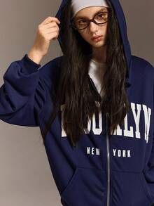 一件装休闲简约字母印花口袋拉链卫衣外套，适合青少年女孩，简约街头风，秋冬季必备单品 - 藍色 - 查看 5