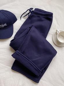 SHEIN EZwear Women's Casual Loose Solid Color Drawstring Waist Sweat Pants Graduation,Back To School Outfits,Graduation,Teacher Outfits For Women,Back To School - Navy Blue - View 7