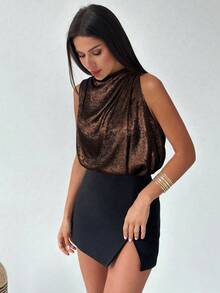 Firerie Women's Elegant Fashion New Commuting Office Daily Vacation Music Festival Asymmetrical Pleated Gold Blouse Dark Brown Top - Coffee Brown - View 7