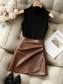 Franclia Fashionable New High-Neck Sleeveless Slim-Fit Vest + Stylish Glossy Leather Irregular Skirt Spring/Summer High-Waisted Slim-Fit Bodycon Sexy Pleated Women's Two-Piece Set, Women's Two-Piece Set, Women's Summer Set, Summer Outfit, Women's Casual Outfit Set, Women's Elegant Set, Women's Sleeveless Top Set, Women's Bodycon Skirt Setgraduation Season Attire, Fashionable Casual Commuter Wear, Business Office Wear, Versatile And Stylish Everyday Casual Wear, Urban Teacher's Professional Attire - Brown - View 1