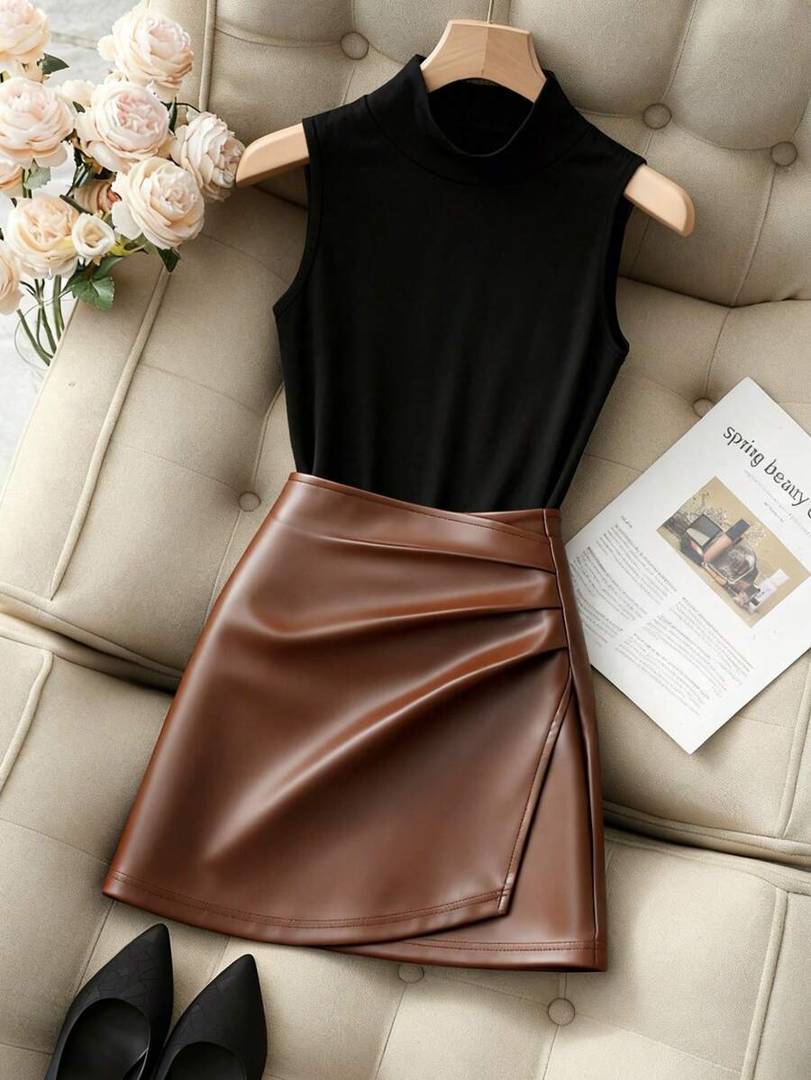 Franclia Fashionable New High-Neck Sleeveless Slim-Fit Vest + Stylish Glossy Leather Irregular Skirt Spring/Summer High-Waisted Slim-Fit Bodycon Sexy Pleated Women's Two-Piece Set, Women's Two-Piece Set, Women's Summer Set, Summer Outfit, Women's Casual Outfit Set, Women's Elegant Set, Women's Sleeveless Top Set, Women's Bodycon Skirt Setgraduation Season Attire, Fashionable Casual Commuter Wear, Business Office Wear, Versatile And Stylish Everyday Casual Wear, Urban Teacher's Professional Attire - Brown - View 1
