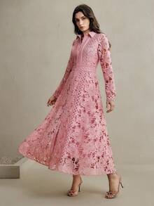 Anewsta Women's Elegant Lotus Root Pink Lace Patchwork Dress, New Spring Party Wear - Dusty Pink - View 1