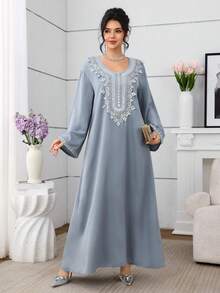 Al Najma Women's Elegant Blue Long Sleeve Floral Lace Collar Arabic Style Dress, Autumn - Blue - View 6
