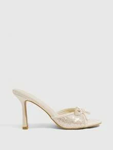 CUCCOO SZL Women's Bow Decor Sequin Elegant High Heel Slide Sandals - Champagne - View 3