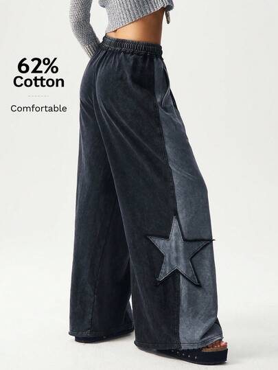 Bohemela Plus Size Casual Solid Color Knit Patchwork Wide Leg Pants