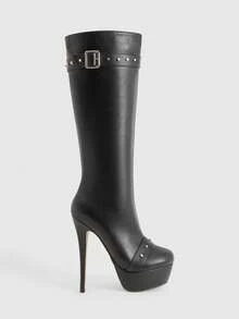 CUCCOO LuxiPop 女士时尚防水厚底高跟过膝长靴 - 黑色 - 查看 4