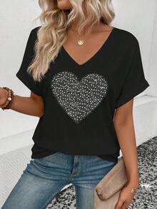 EMERY ROSE Fashionable Casual New V-Neck Turnover Cuff Black Base White Polka Dot Heart Print Women T-Shirt - Black - View 6