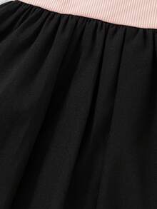 SHEIN Playful Pals 1pc Baby Girls Cute Pink And Black Colorblock Patchwork Ribbed Knit Bowknot Decor Sleeveless Round Neck High Waist A-Line Sundress For Party Summer - Multicolor - View 5