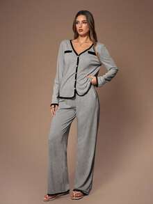 Lazeform American Casual Cardigan V-Neck Long Sleeve Contrast Trim Wide Leg Pants Women Pajama Set Grey Pajama Set Women's Loungewear Button Front Pajama Set - Grey - View 7