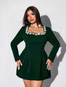 Viva Relle Dark Green Plus Size Mini Dress With Embellished Square Neck Long Sleeves And Flared Hem Zipper Details - Dark Green - View 6