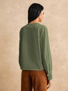 Poéselle Áo sơ mi dài tay viền ren, 100% cotton, thời trang nữ - xanh quân đội - Xem 2