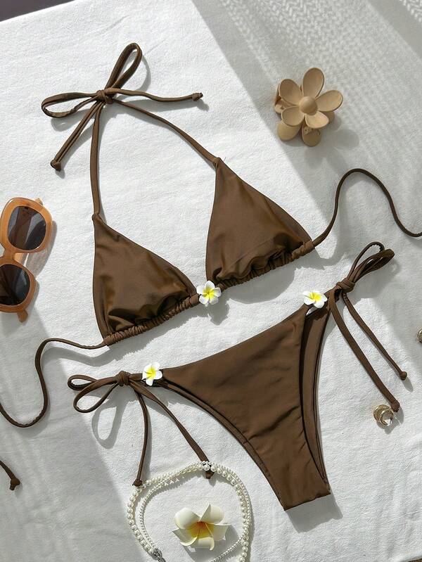  Swim Mod-D Women's Solid Color Halter Floral Decor Bikini Set, Spring/Summer