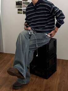 DAZY Navy Blue Striped Polo Neck Sweater For Men, Autumn/Winter - Multicolor - View 6