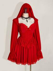 SHEIN ICON 加大码黑色连帽灯笼袖性感迷你连衣裙，适合万圣节派对、万圣节服装、女巫装扮 - 紅色 - 查看 8