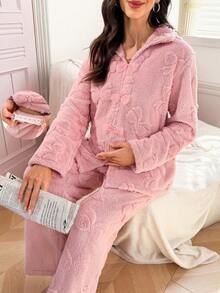 Moonlight&Mama 2pcs Maternity Sleepwear Set With Cutout Floral Velvet Bow Collar Long Sleeve Top And Long Pants, Autumn/Winter - Dusty Pink - View 4