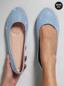 SHUZIA Women's Wide-Fit Comfortable Round Toe Rhinestone Flats - Baby Blue - View 2