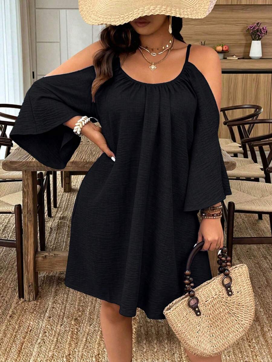 SHEIN Clasi Plus Size Round Neck Ruched Pleated Split Flare 3/4 Sleeve Casual A-Line Midi Dress - Black - View 1