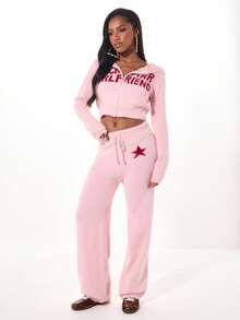 SUMWON Plus Size Zip Front Hooded Cardigan With Star Friend Text Graphic Print Cozy Knit Fuzzy Soft Winter Sweater - Pink - View 4