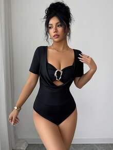 Body elegant pentru femei Elenzga, guler ascuțit, decor cu frânghie metalică, mânecă lungă, 2 în 1, negru - Negru - Vizualizare 3
