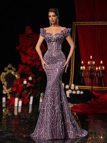 Glamrae Váy dạ hội đuôi cá trễ vai sang trọng, cổ khoét sâu, đính hạt màu tím thanh lịch, mới lạ, eo cao - Màu tím đậm - Xem 8