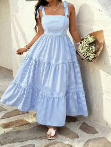 Sunnyshic Vestido de tirantes elegante y holgado con estampado de rayas, estilo de vacaciones en la playa - Azul - Ver 1