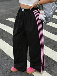 Muchica 大码女式字母刺绣侧条纹阔腿休闲裤 - 黑色 - 查看 4