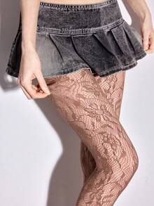 ROMWE Goth 黑色花卉图案高弹性感女士连裤袜/紧身裤/打底裤 - 棕色 - 查看 1