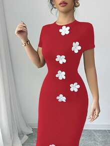 Elenzga Women's Elegant Sexy Short Sleeve Dress, Casual Spring/Summer, Black Stretchy Knit Fabric, Fitted Silhouette, White 3D Floral