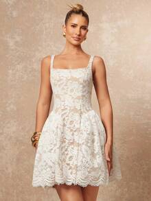 Lumalex 女士花卉刺绣蕾丝拼接荷叶边下摆优雅甜美泡泡裙吊带连衣裙，适合生日、节日派对、浪漫约会、海滩度假等场合。 - 白色 - 查看 4