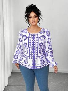 SHEIN Elenzya 女士圆领修身长袖印花衬衫，休闲外套 - 淡紫色 - 查看 4