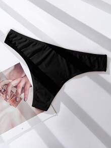 女士休闲黑色纯色轻微弹力面料丁字裤 - 黑色 - 查看 6