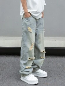 Manfinity EMRG Jeans rectos casuales y sueltos con efecto rasgado para hombre - Lavado ligero - Ver 6