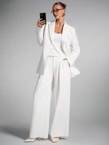 SHEIN BAE Bộ áo blazer quây và quần dài màu trơn thời trang dành cho nữ. - trắng - Xem 6