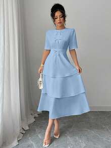 Elenzga Women's Minimalist Solid Color Butterfly Decor Round Neck Short Sleeve Skater Dress - Baby Blue - View 6