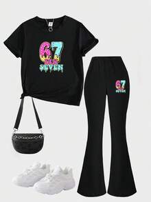 Sparklyn 2pcs/Set Casual & Fashionable Girl's Round Neck Short Sleeve Top Paired With Flare Pants Set, Playful 67 Design, Comfortable Spring/Summer Outfit Suitable For Casual Wear, Outdoor Activities, School, Party And Gifts, All Seasons Girls Lounge Set Girl Two Piece Set Girl Sets Size 7 8y Girl Two Piece Set