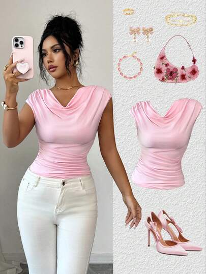 Elenzga Elegant Ruffle Draped Neck Sleeve Casual T-Shirt, Suitable For Spring/Summer Daily, Vacation, Gathering, Fashion Pink Women Tee