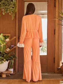 Lullawish Bohemian Lace Trim Women Pajama Set Women Lounge Wear Sets Orange Pj Set Orange Pajama Set Women Pajamas Set Two Piece Pant Sets In Women - Orange - View 2