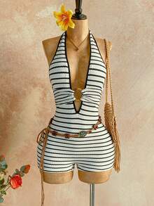 Soleia Bộ jumpsuit nữ màu trắng dệt kim có họa tiết, hở lưng, điểm nhấn là những vòng tròn trang trí, thanh lịch cho lễ Halloween, Giáng sinh, dạo phố, gợi cảm. - Nhiều màu - Xem 3