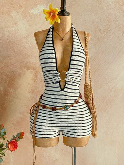 Soleia Vit stickad rygglös jumpsuit med textur och rund ringdekor för kvinnor, elegant för Halloween, jul, utflykter, sexig