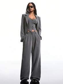 SHEIN EZwear 2pcs/Set Women Plain Front Button Long Sleeve Pocket Revere Collar Top & Pants Casual Suit In Fall/Winter - Grey - View 1