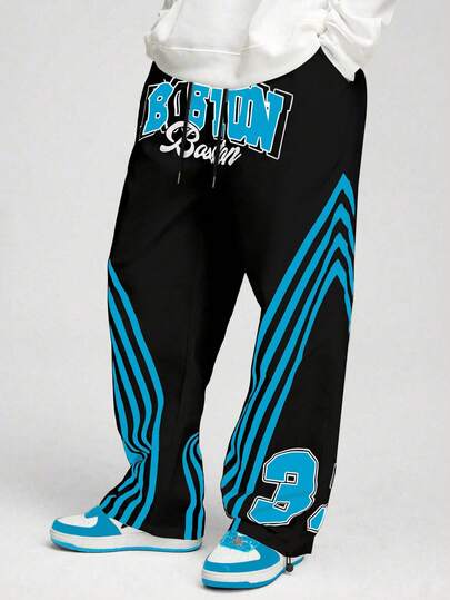 Street Life Pantaloni casual da uomo con stampa a lettere e righe, vita con coulisse, modello ampio