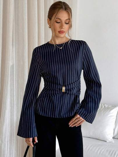 Siren Gaze Women's Striped Print Metal Ring Decor Ruffle Long Sleeve Blouse,Women's Striped V-Neck Long Sleeve Fitted Shirt Wrap Tops For Women Blouses For Women Business Office Tops For Women Business Casual Woman Top Office Blouses Winter Blue Elegant Dark Blue Top Bell Sleeve Top Navy Top Spring