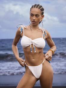 Swim Vcay Women's Summer Beach Vacation Beaded Knotted Bikini Set, Excluding Striped Shorts 2026 For School,Suitable For Holiday, Date, Afternoon Tea, Western, Cruise, Beach, Island, Road Trip, All Seasons, Music Festival, Boho Vacation,Bohemian Vacation, Chill Autumn ,Western Boho ,Elegant Tops For Women - White - View 3