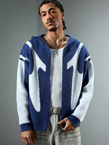 ROMWE MEN Men's Hooded Irregular Jacquard Personalized Street Wear Cardigan, Fashion - Blue - View 1