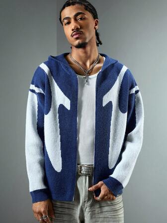 Cardigan à capuche irrégulier jacquard personnalisé, streetwear mode pour hommes
